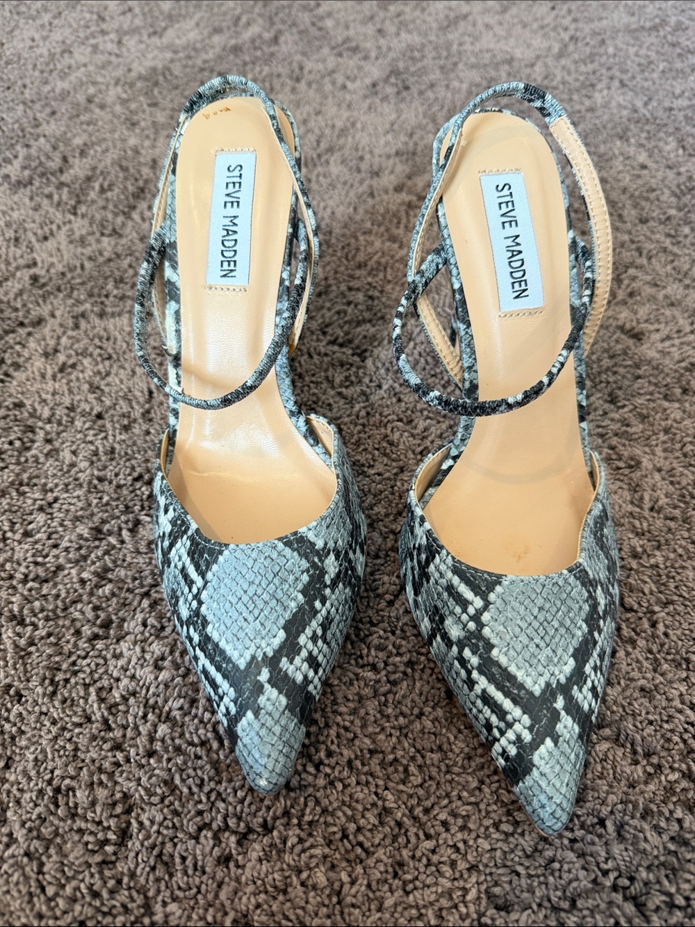 Steve Madden Light Blue and Gray Snake-Print Pointed Slingback Heels